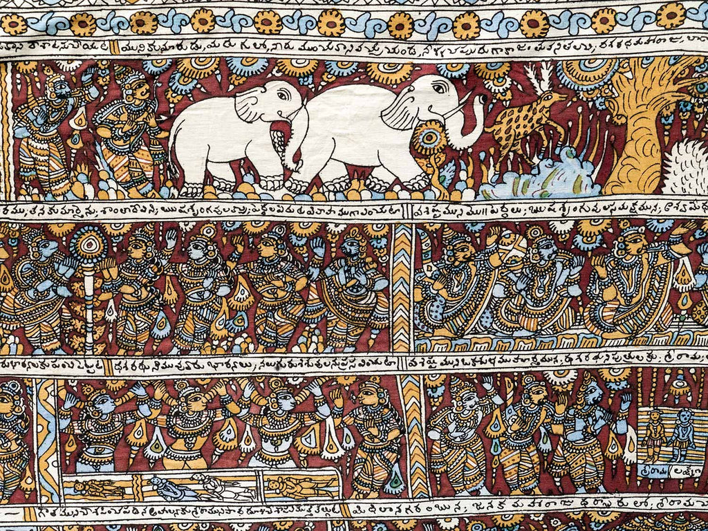 Details showing white elephants on a large Kalamkari Temple painting