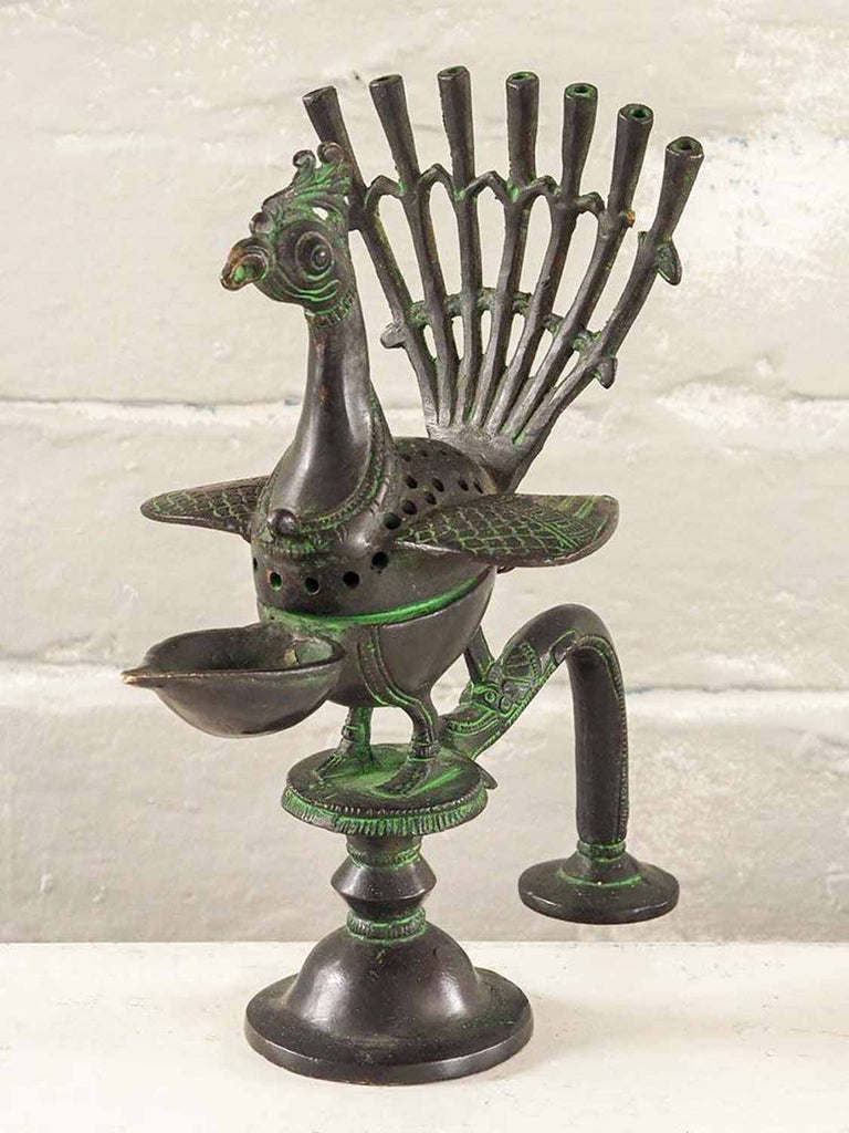 Verdigris Bronze Indian Peacock Oil Lamp
