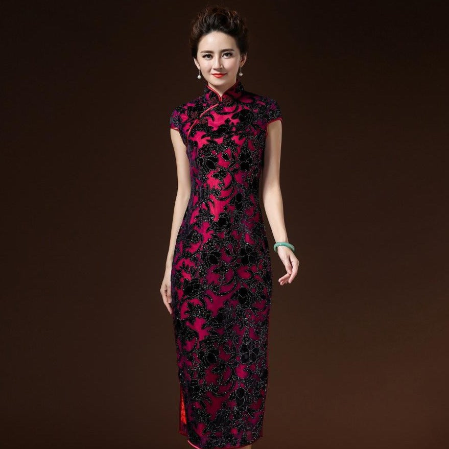 Tea Length Velvet Cheongsam Evening Dress With Black Lace Appliques Idreammart 0428