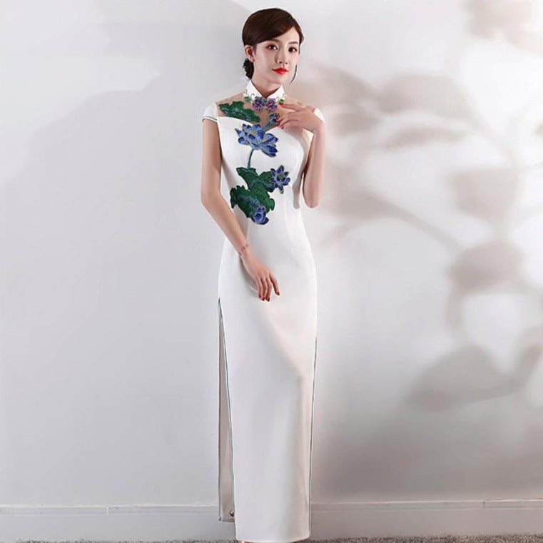 Lotus Embroidery Appliques Illusion Neck Cheongsam Evening Dress Idreammart 9405