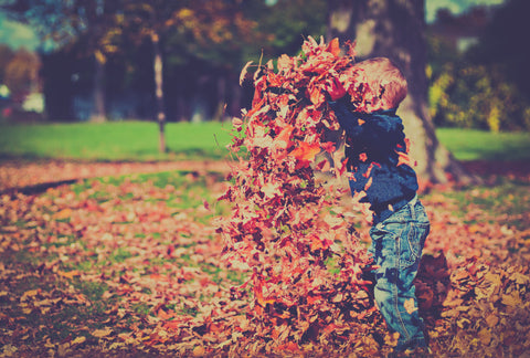 A little boy enjoys connects with nature by playing with leaves - nature play - a Slow Parenting idea