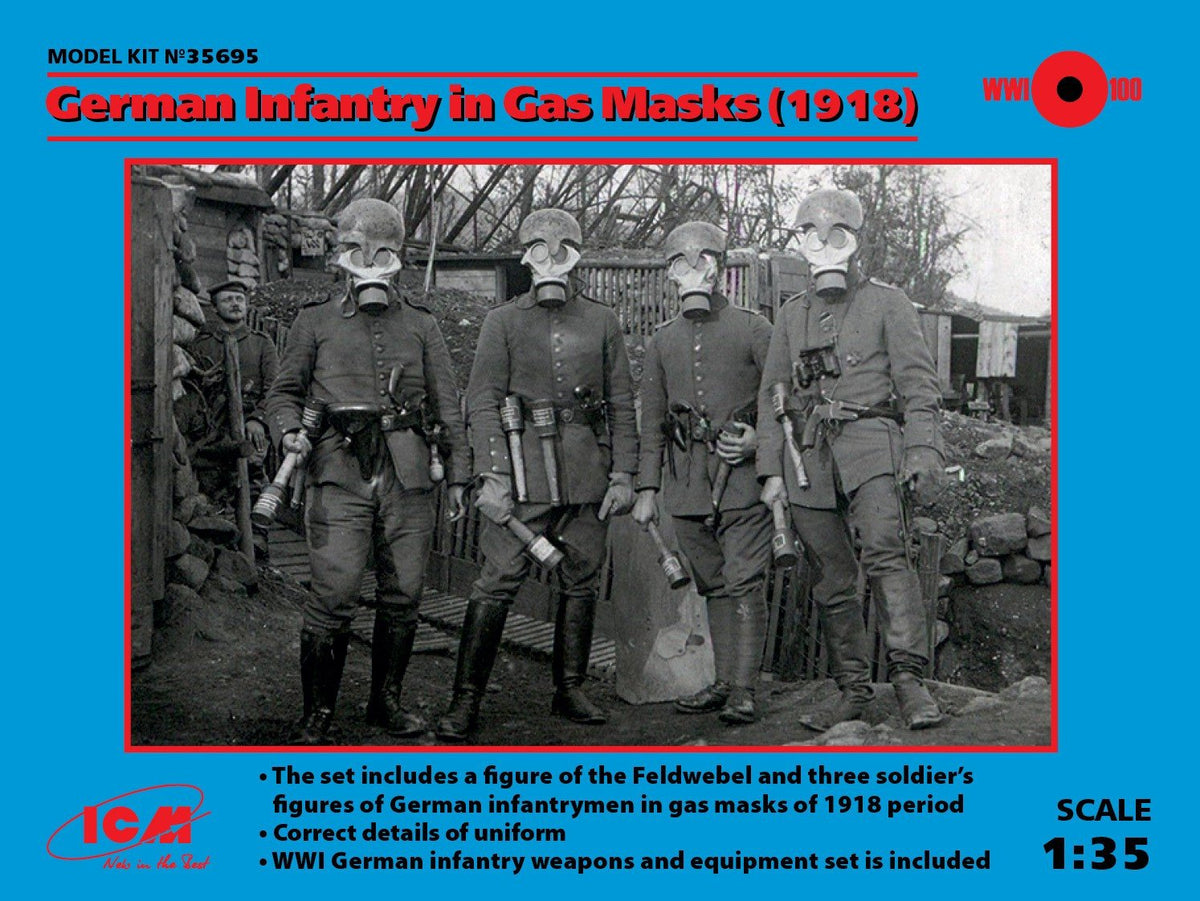 ICM 1/35 WWI German Infantry in Gas Masks (4) w/Weapons & Equipment Ki