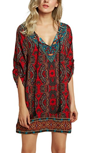 Women Bohemian Neck Tie Vintage Printed Ethnic Style Summer Shift Dres –  Dresscount