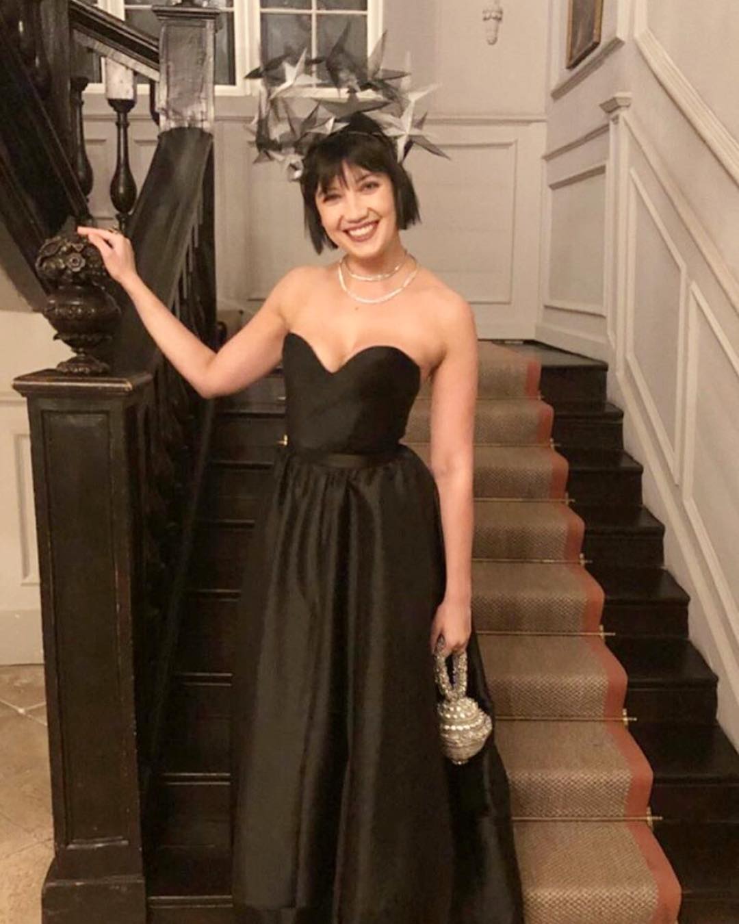 Daisy Lowe birthday weekend The Pig Hotel Silver Simi Sparkle clutch bag sparkly UK Awon Golding headpiece Halfpenny gown Styled by Avigail Collins black dress LBD gown black tie red carpet fashion style