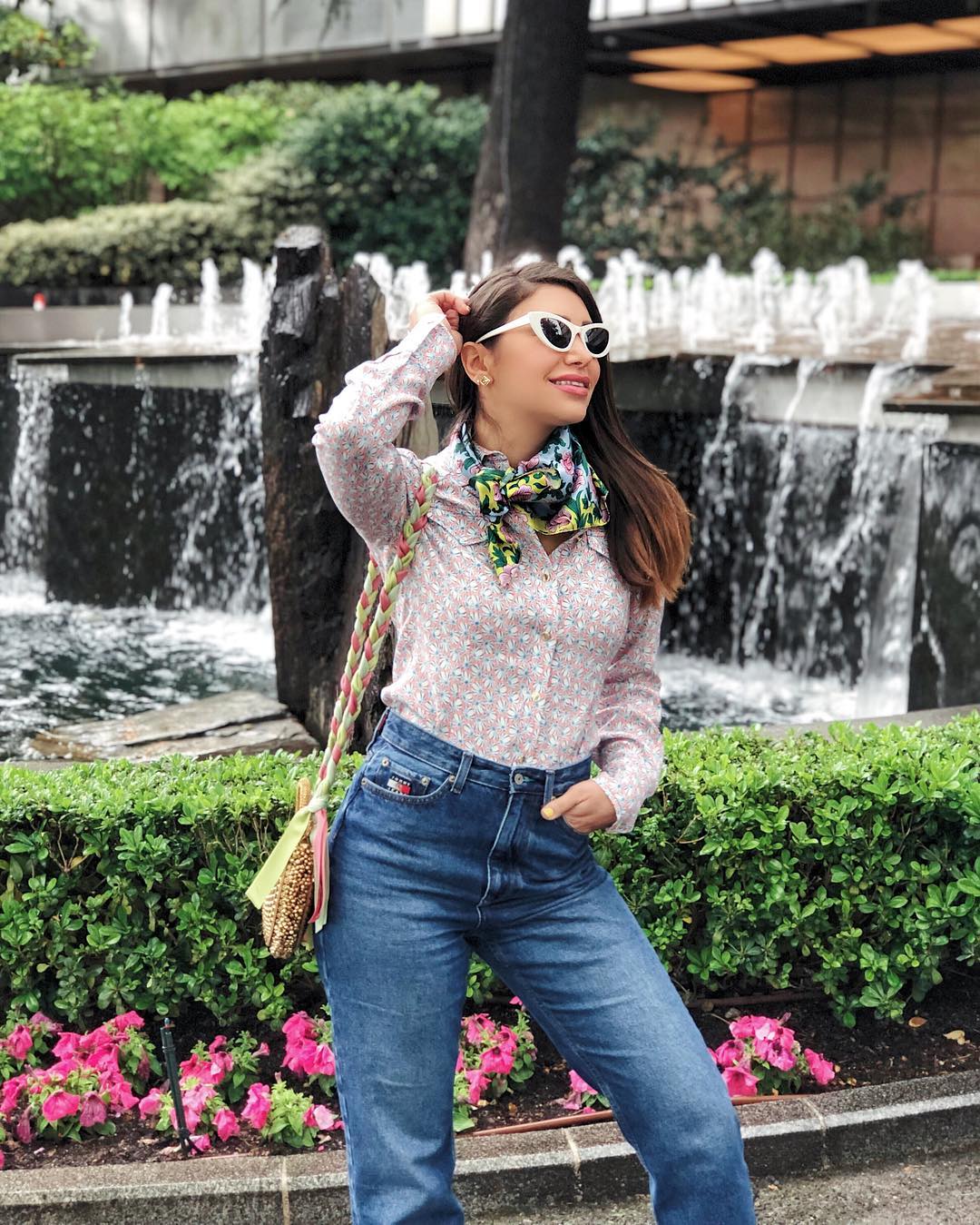 Celebrity Stylist Maya Williamz styles Mae Cassidy Malini Dream Gold Handbag Madrid holiday London Dubai pink green pastel SS19  Ribbon plaited cross-body 70's twist Jeans vintage Damsel in a Dress inspired shirt effortless spring summer day wear look accessorised YOLKE Floral Silk Scarf