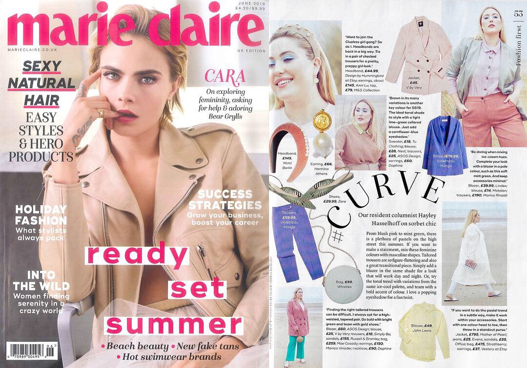 cara delevingne Mae Cassidy feature Marie Claire's June Issue 2019. Resident columnist Hayley Hasselhoff styles our Antique Gold Simi Sparkle clutch bag Curve Column, 'Sorbet Chic’ blush pink mint green pastel trends high street  Antique Gold Simi Sparkle oversized tailored Cord pink ASOS blazer white V by Very shirt colour green trousers accessorised gold hues Russel Bromley gold leather heeled sandal’s Monica Viander Necklace Daphine earrings gold silver Simi Sparkle clutch bag handbag occasionawear perfect addition to any outfit for effortless