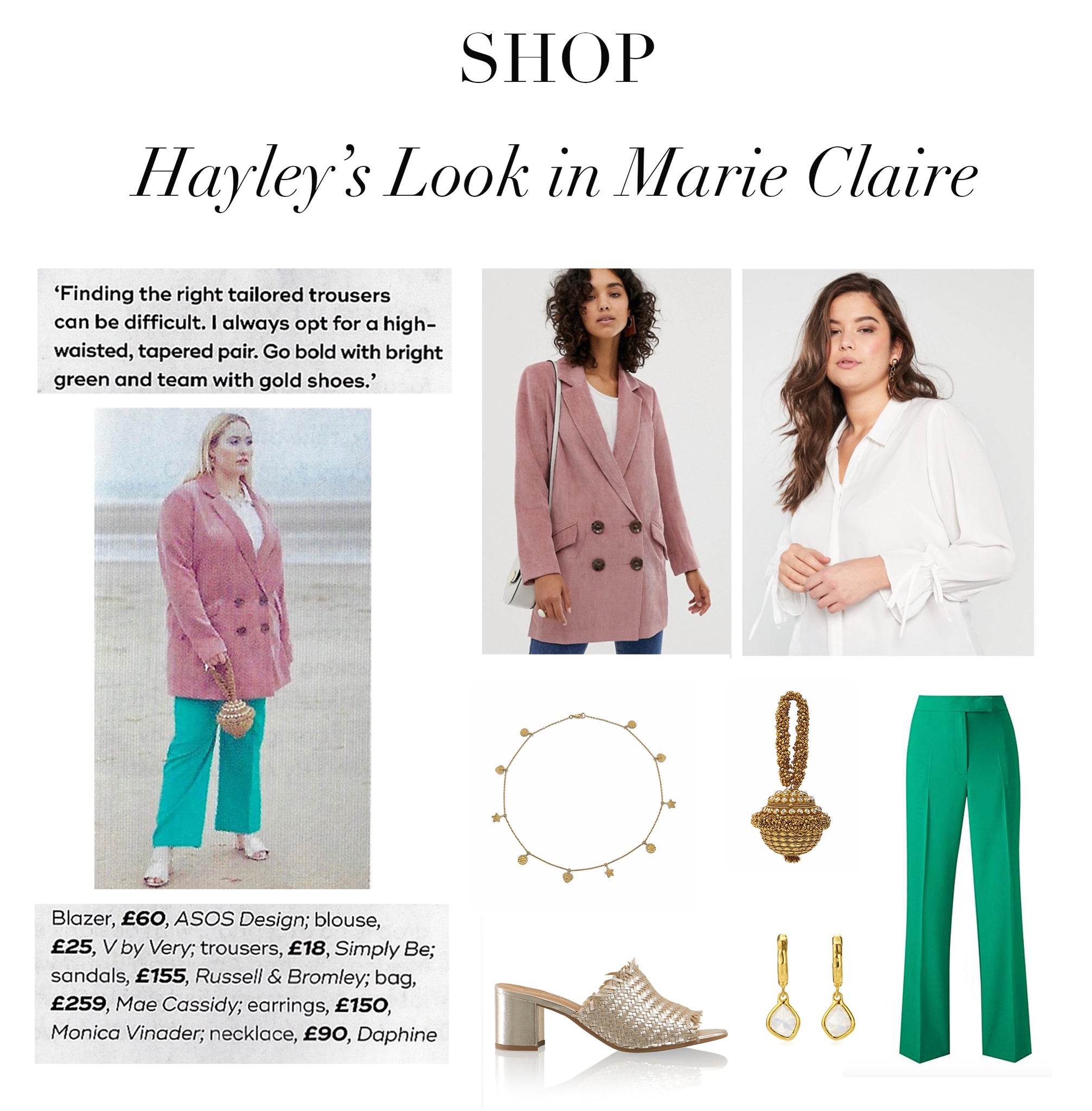 Mae Cassidy feature Marie Claire's June Issue 2019. Resident columnist Hayley Hasselhoff styles our Antique Gold Simi Sparkle clutch bag Curve Column, 'Sorbet Chic’ blush pink mint green pastel trends high street  Antique Gold Simi Sparkle oversized tailored Cord pink ASOS blazer white V by Very shirt colour green trousers accessorised gold hues Russel Bromley gold leather heeled sandal’s Monica Viander Necklace Daphine earrings gold silver Simi Sparkle clutch bag handbag occasionawear perfect addition to any outfit for effortless
