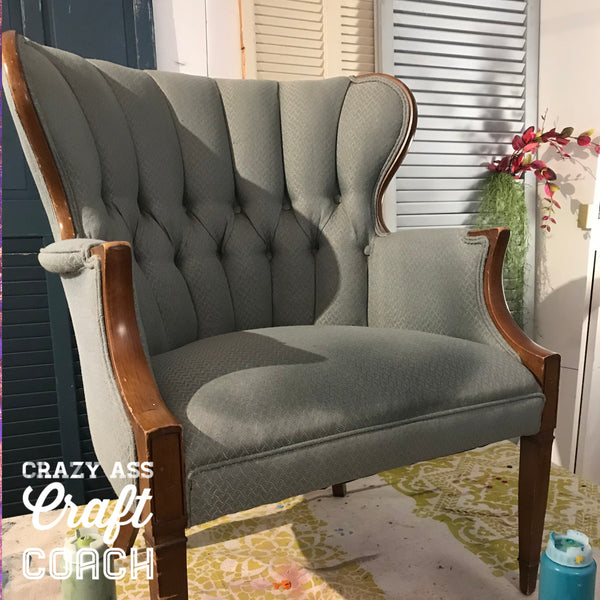 How to Paint Upholstery - Wingback chair before Tanglewood Sue