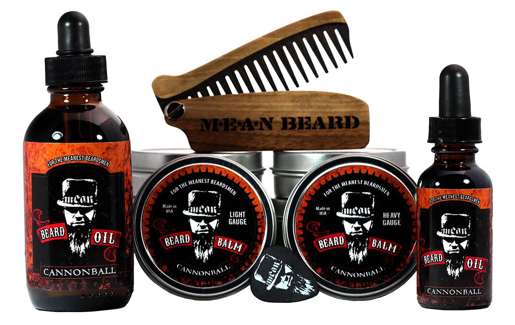 MEAN BEARD Cannonball Collection beard oil and beard balm.  Free MEAN BEARD guitar pick with balm.  This an exceptional beard care line and is the World’s MEANest beard oil & balm to help you grow a strong, full, healthy beard. Made in USA.  Best beard oil, best beard products, best beard company.