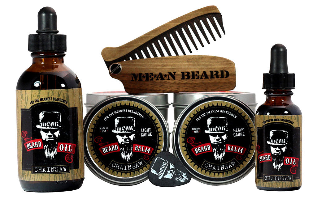 MEAN BEARD Chainsaw Collection beard oil and beard balm.  Free MEAN BEARD guitar pick with balm.  This an exceptional beard care line and is the World’s MEANest beard oil & balm to help you grow a strong, full, healthy beard. Made in USA.  Best beard oil, best beard products, best beard company.