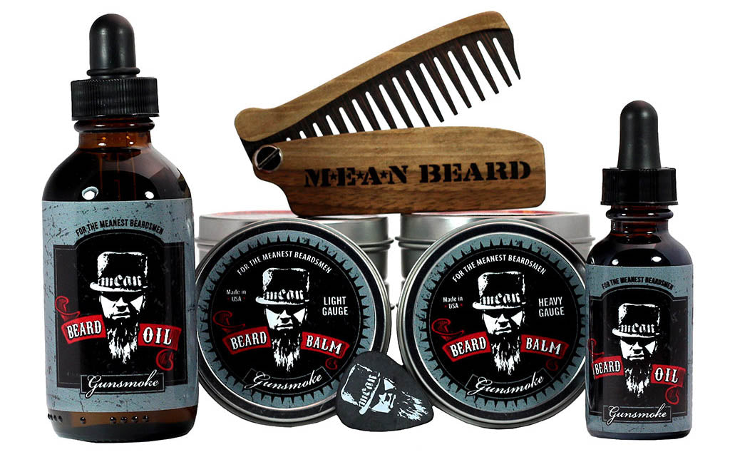 MEAN BEARD Gunsmoke Collection beard oil and beard balm.  Free MEAN BEARD guitar pick with balm.  This an exceptional beard care line and is the World’s MEANest beard oil & balm to help you grow a strong, full, healthy beard. Made in USA.  Best beard oil, best beard products, best beard company.
