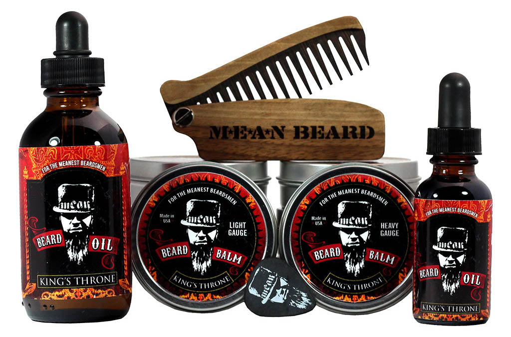 MEAN BEARD King's Throne Collection beard oil and beard balm.  Free MEAN BEARD guitar pick with balm.  This an exceptional beard care line and is the World’s MEANest beard oil & balm to help you grow a strong, full, healthy beard. Made in USA.  Best beard oil, best beard products, best beard company.