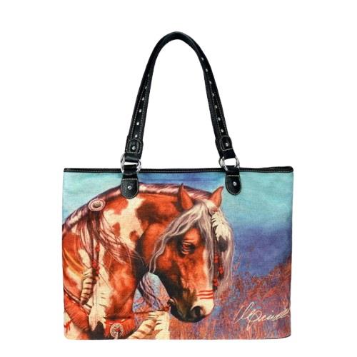 Laurie Prindle Collection Horse Art Canvas Tote Handbag 232-8112 Black Trim 