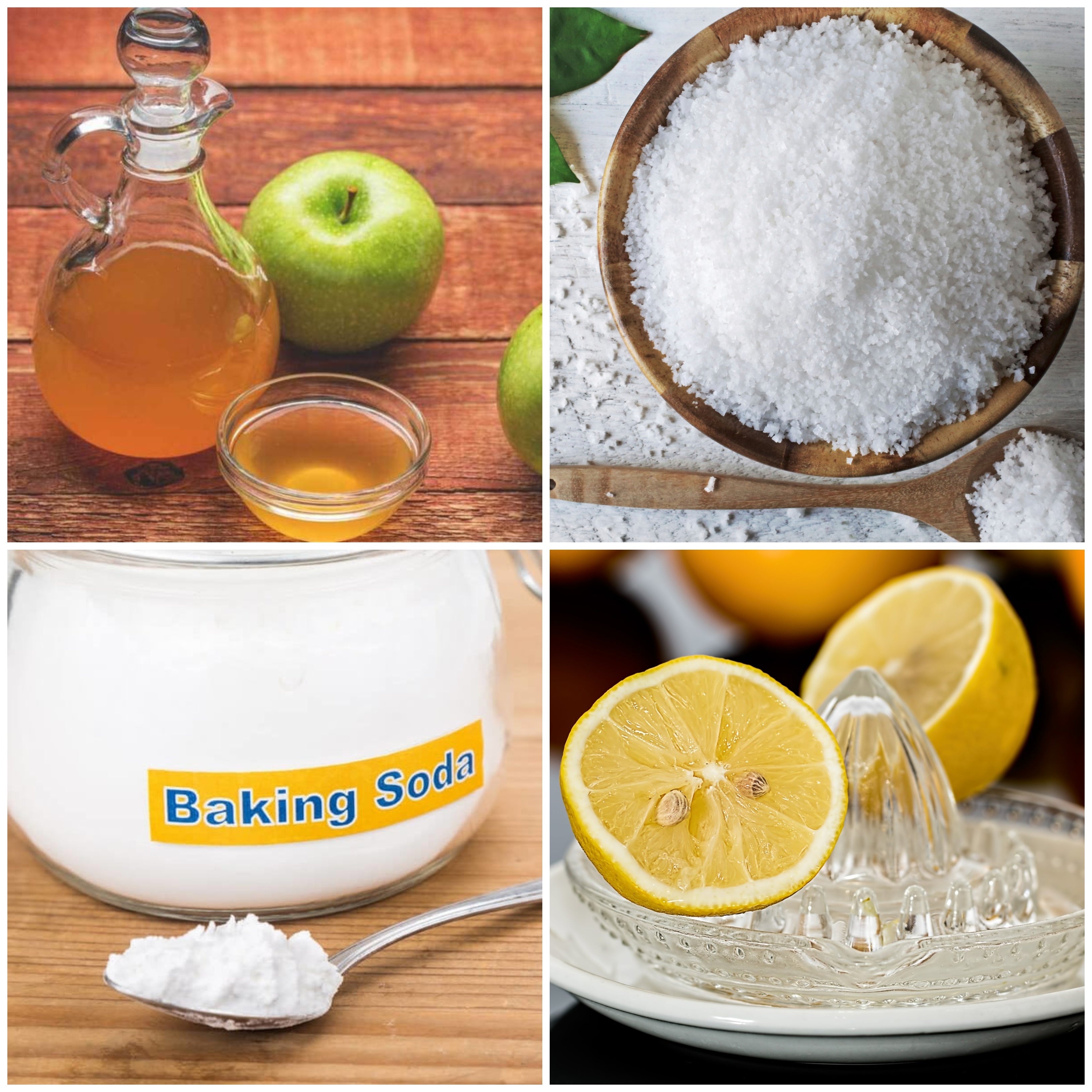 apple cider vinegar, epsom salt, baking soda and lemon juice