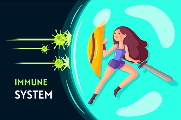 graphic representation of woman with shield stopping viruses.