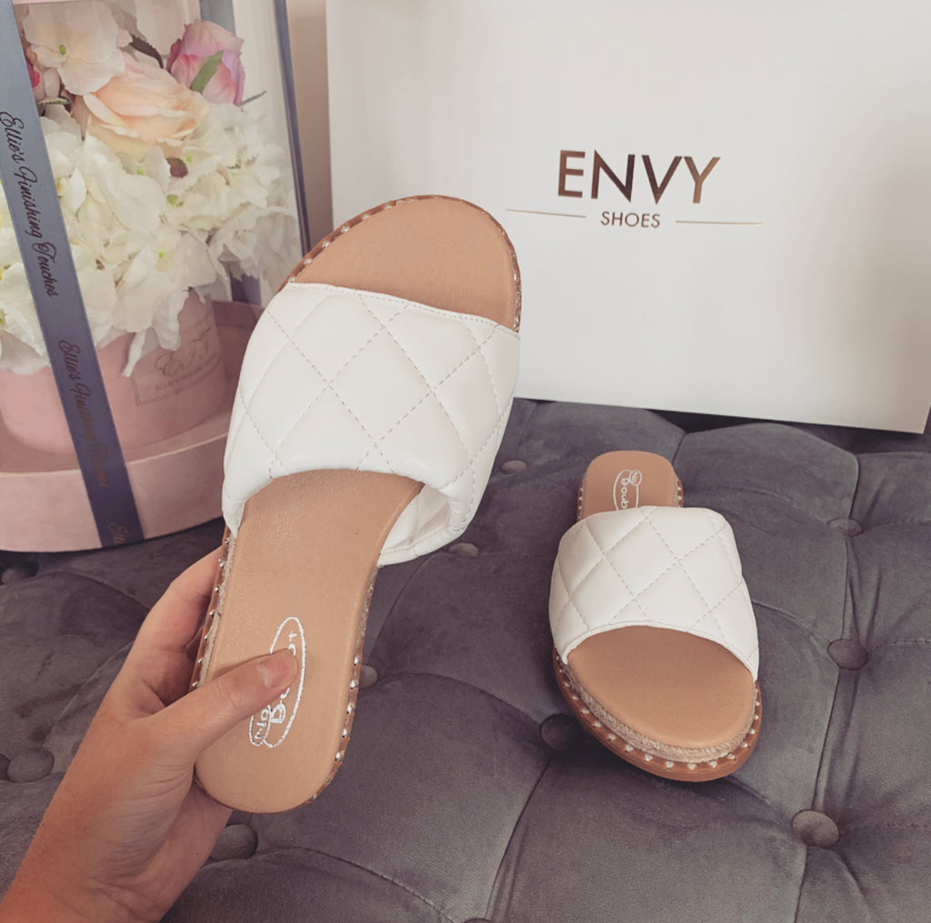 white espadrille sliders