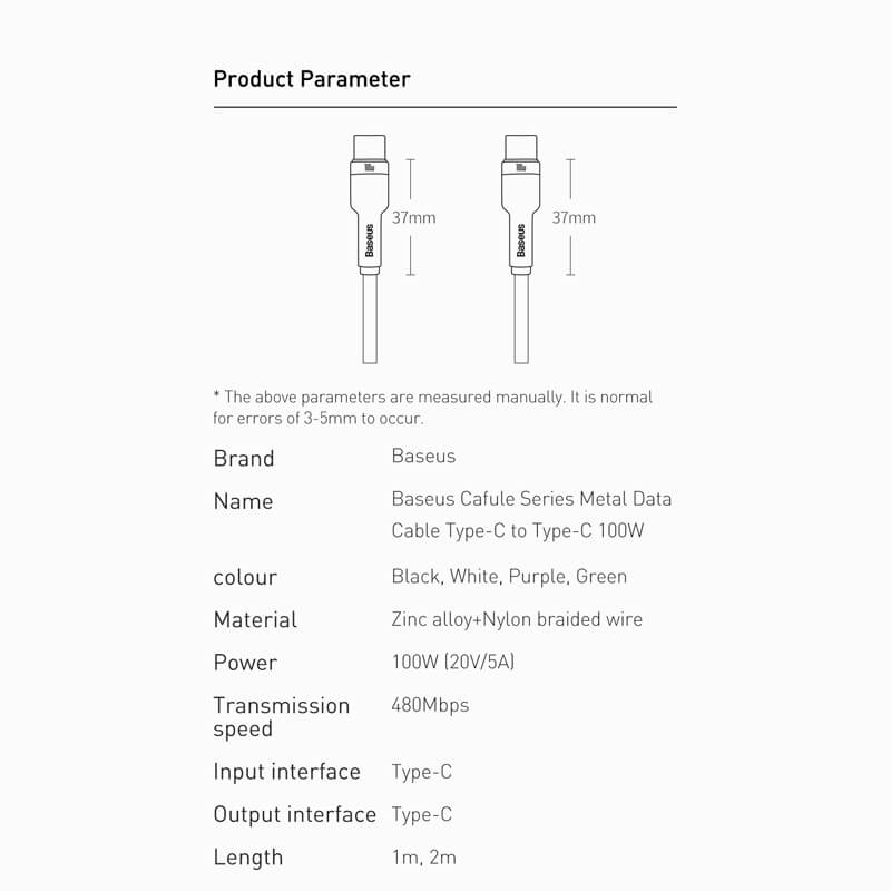 Baseus Cafule Metal Series 100W USB C to USB C Cable specifications