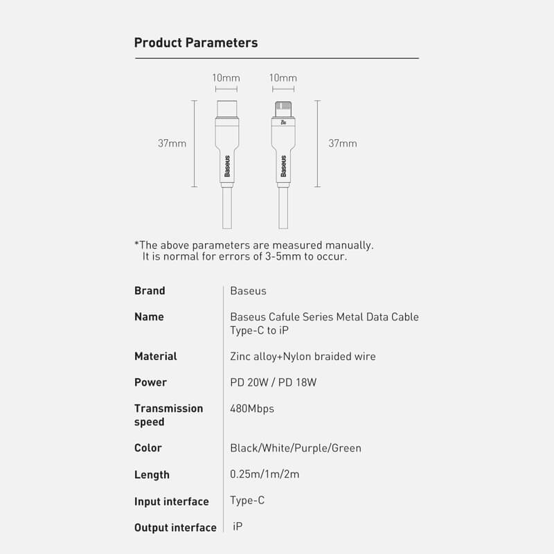 BASEUS PD 20W USB-C to Lightning Charging Cable (25cm) | Cafule Metal Series Type-C to iPhone Fast Charger Cable