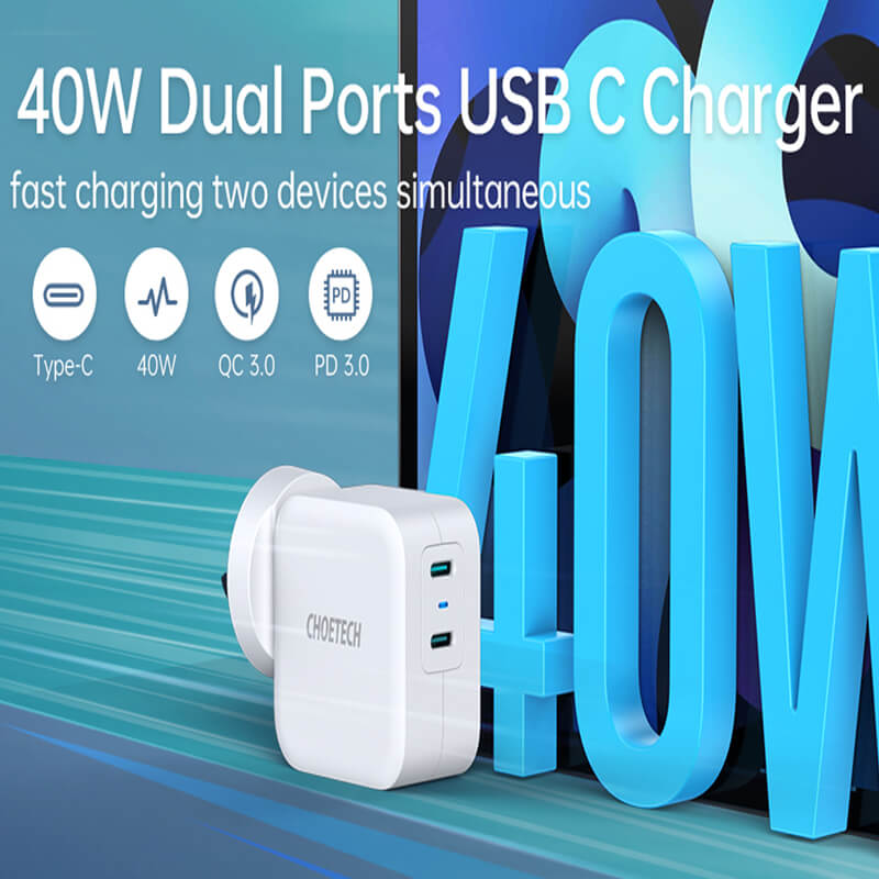 CHOETECH USB-C PD3.0 40W Wall Charger Dual USB-C Port Fast Power Adapter