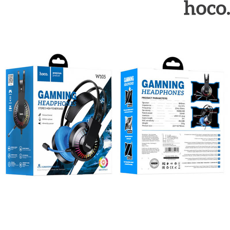 HOCO Gaming Headphones with Mic | W105 Joyful Series (USB+3.5mm) Blue