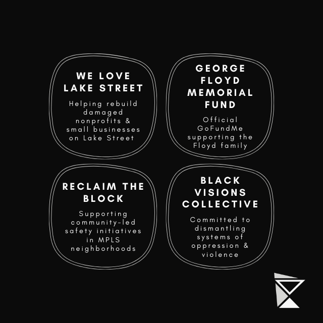 New MNimalist Causes- We Love Lake Street, George Floyd Memorial Fund, Reclaim the Block, Black Visions Collective
