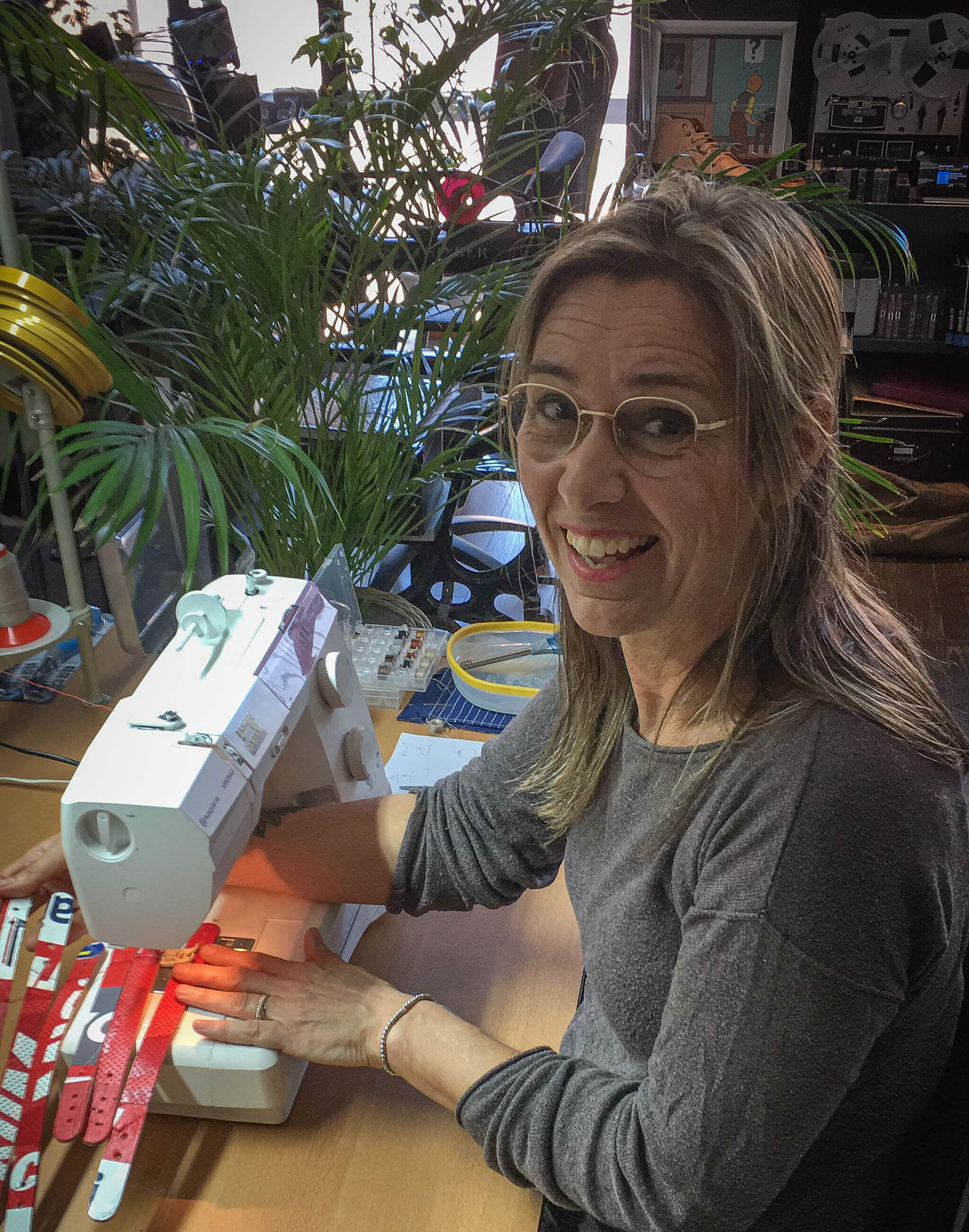 My wife Ingeborg making bracelets. 