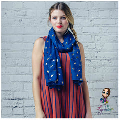 Royal blue scarf with gold foil cat print 