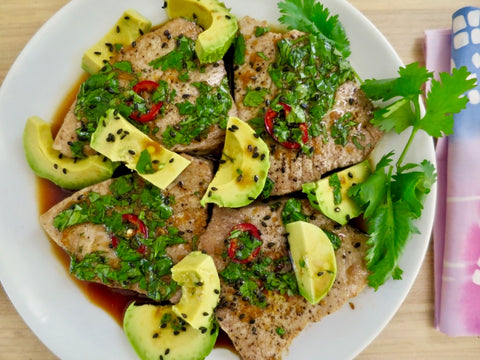 Pan-Seared Tuna with Avocado, Soy, Ginger, and Lime