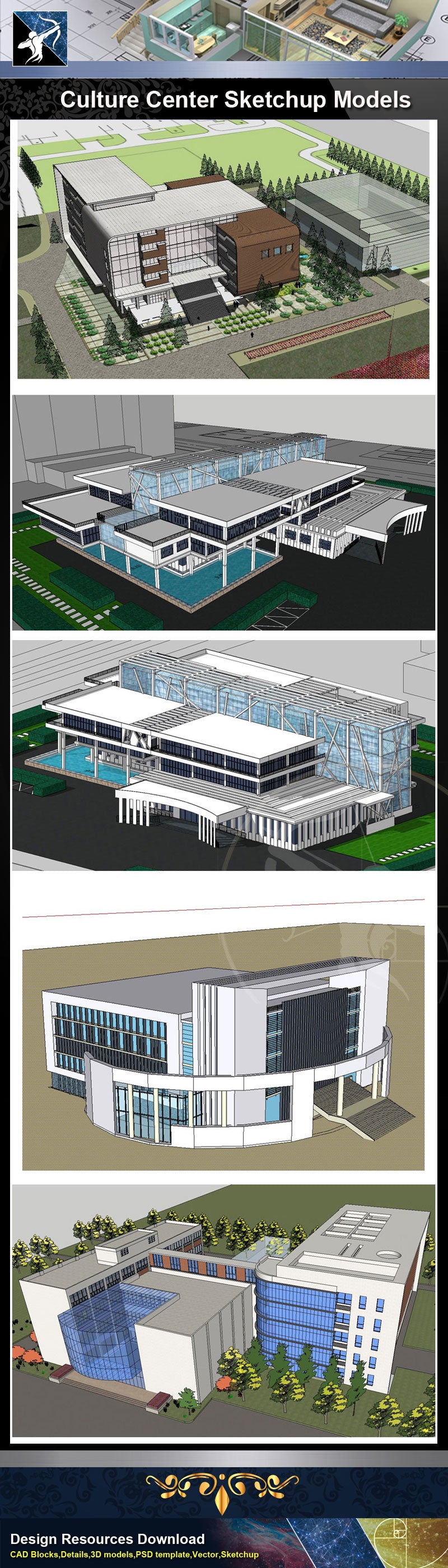 ★Sketchup 3D Models-15 Types of Culture Center Sketchup Models