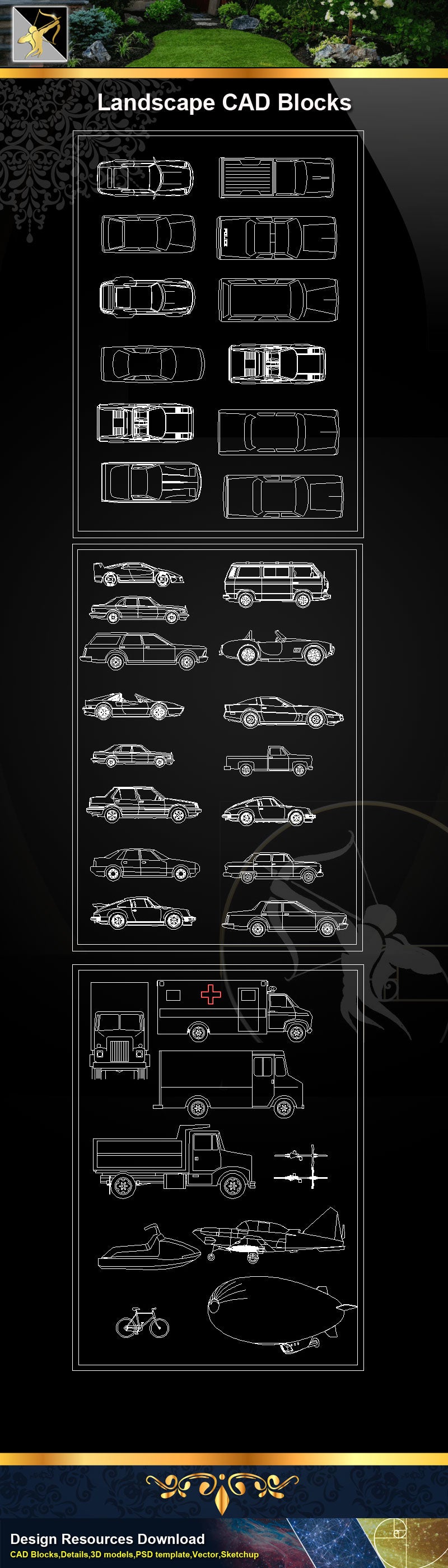 Transportations ,Vehicles, Lorries ,Car ,Boat,Motorcycle,Yacht,Sailboat,Helicopter CAD Blocks