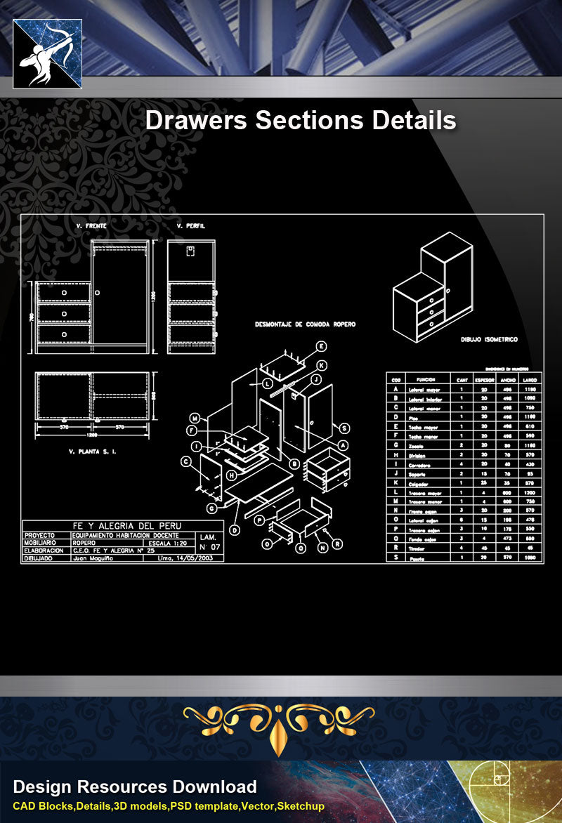 【Wood Constructure Details】Drawers sections detail in autocad dwg files