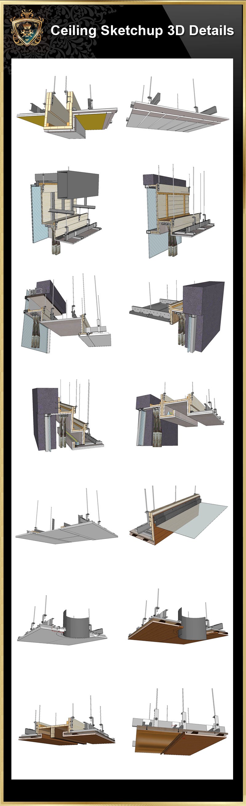 Sketchup Ceiling Details,light steel frame ceiling,hard cover ceiling,plasterboard ceiling,mirror ceiling,wood veneer ceiling,mineral wool board ceiling,air conditioning duct,smoke blocking wall,aluminum plate,gypsum board