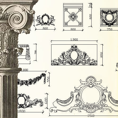 Autocad blocks of decorative elements, ornaments, works of art, statues, doors and gates, lamps, doors, windows, gates ceiling center, sculptures. The drawings are in dwg and dxf format. deco decoration iron works sculptures art decor design