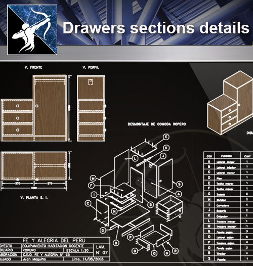 【Wood Constructure Details】Drawers sections detail in autocad dwg file