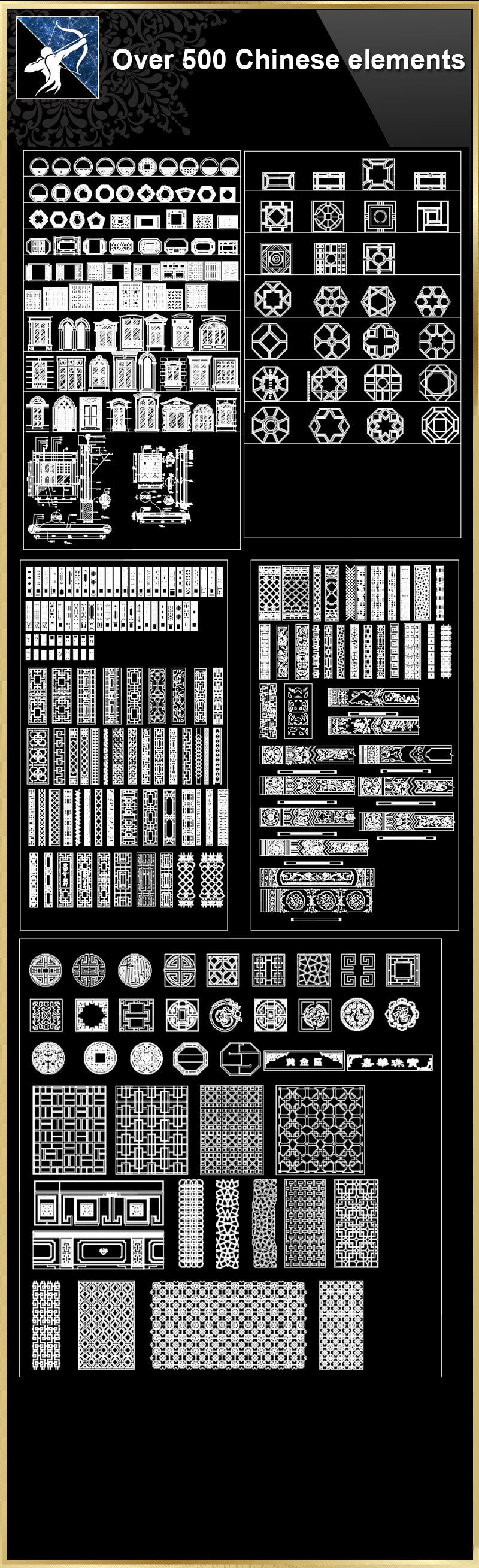 ★【Over 500+ Chinese Decorative elements-Frame,Pattern,Border,Door,Windows,Roof,Lattice,Carved Wood】