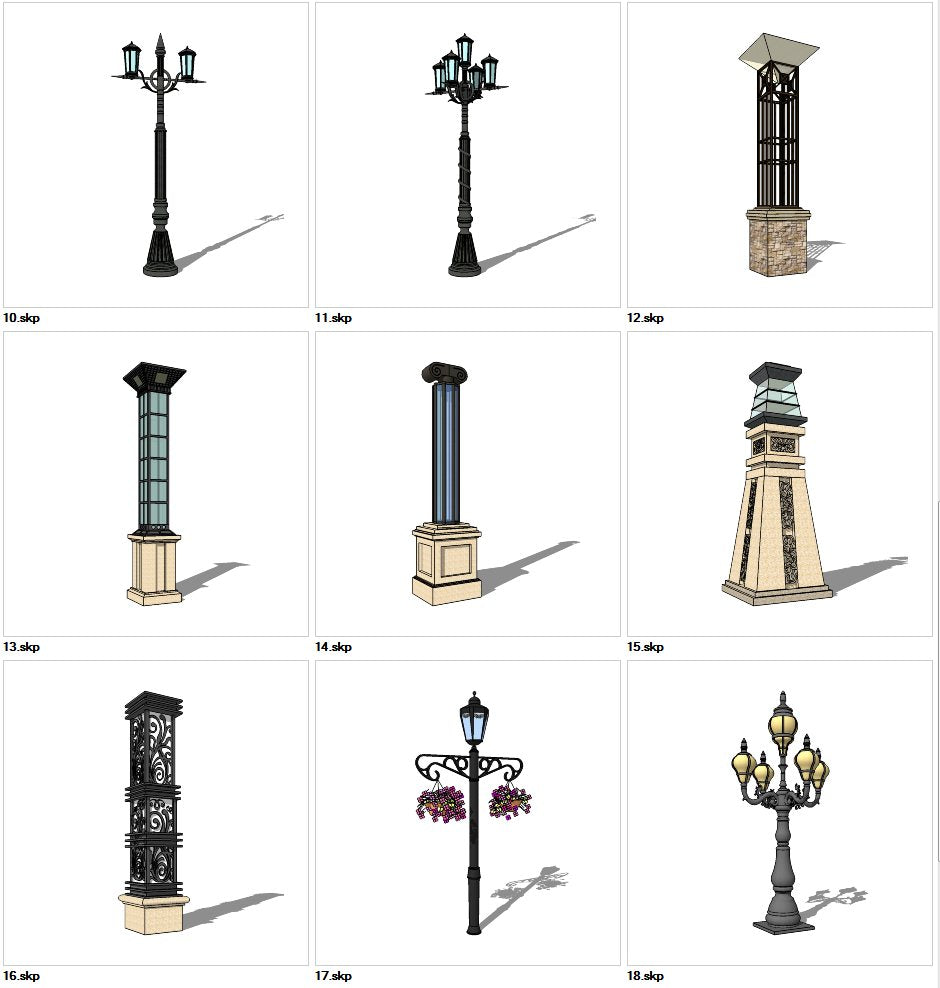 Sketchup 3D Models-9 Types of Neoclassicism Style Street light Sketchup Models V.2