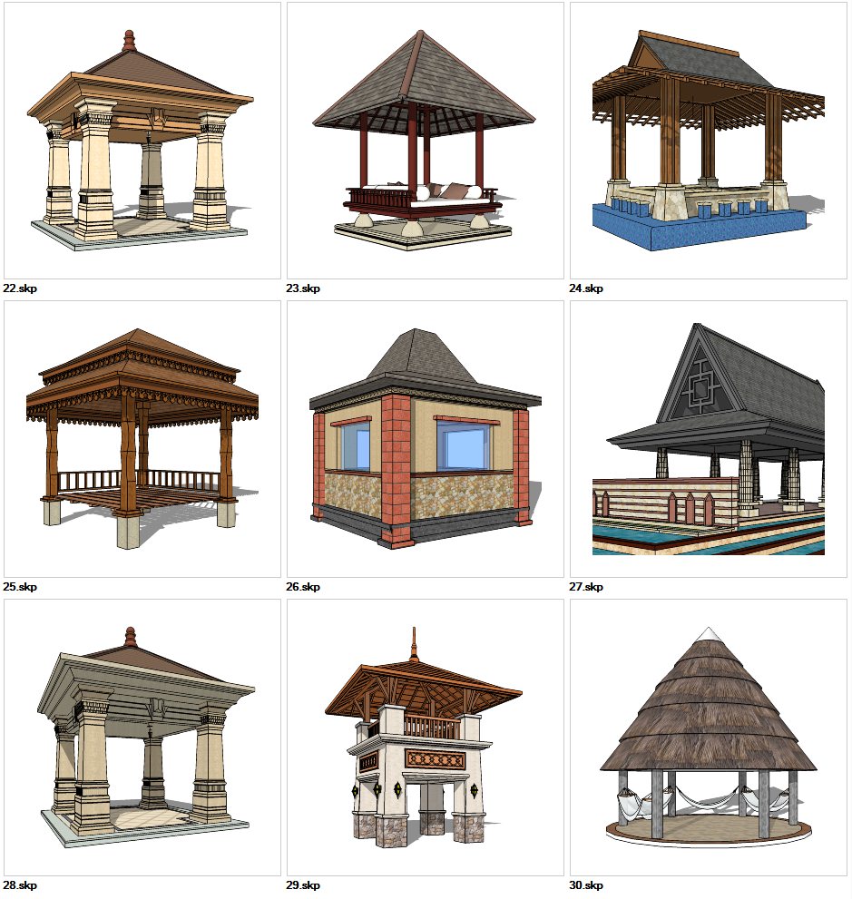 ★★Sketchup 3D Models-9 Types of Asia Style Pavilion Design Sketchup Models V.3