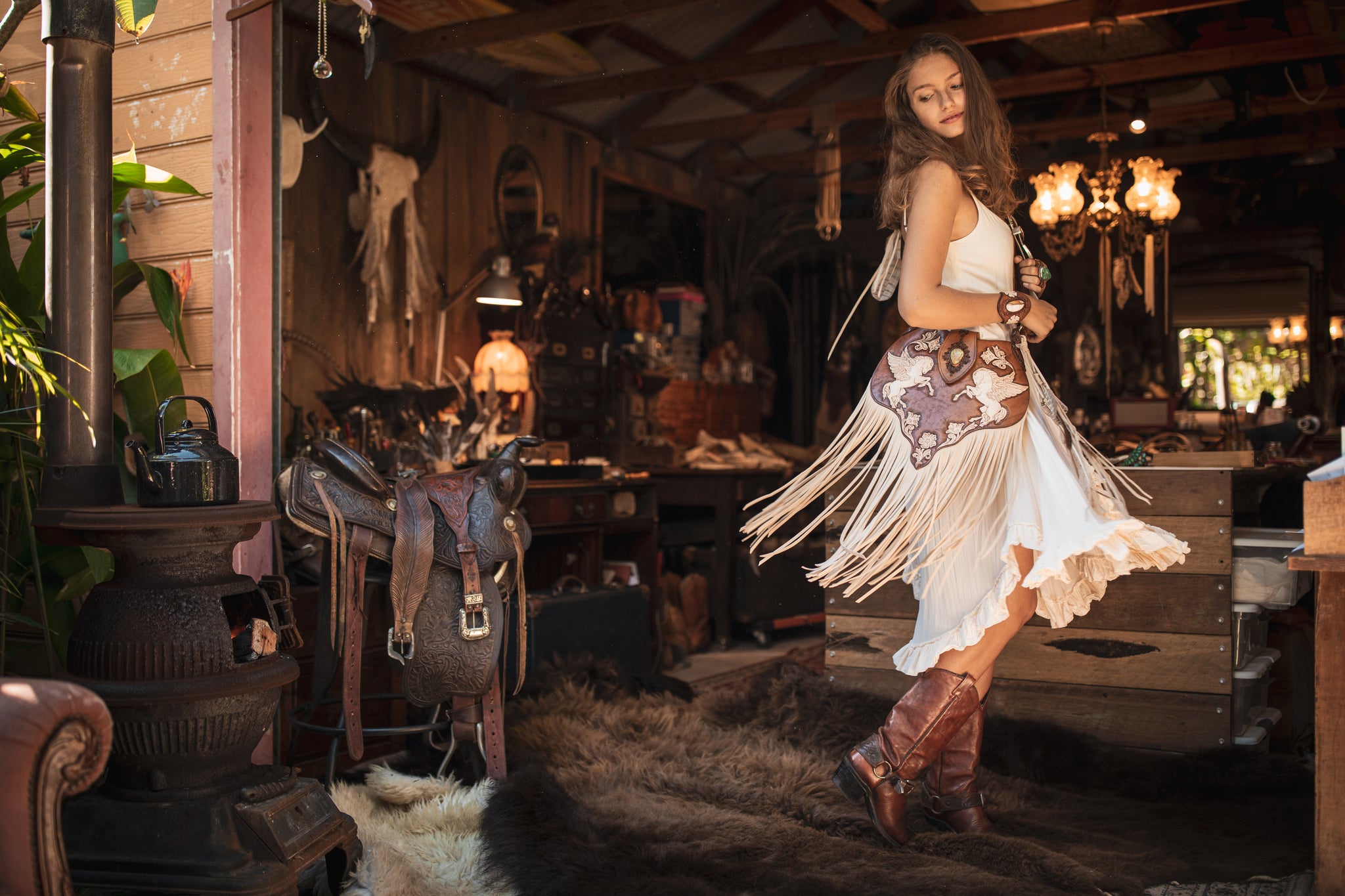 Twirling with a handmade Buffalo Girl bag