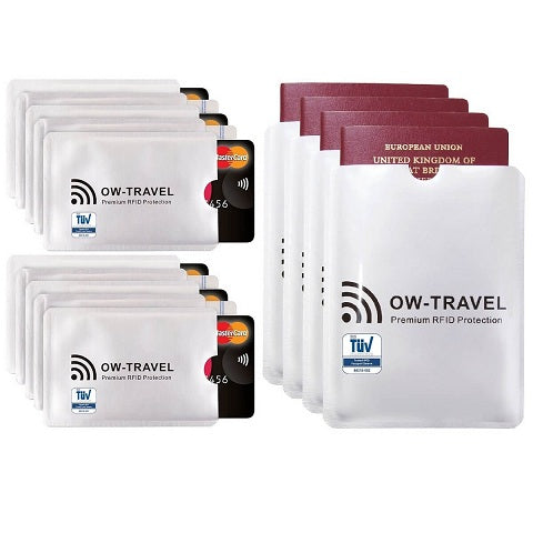 OW Travel RFID Blocking Credit Card Protector Sleeves Contactless Card Protection Holders Identity Theft Protection - 10 Credit Card + 4 Passport Sleeves Silver - Premium Quality RFID Sleeves