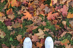 shoes standing in grass with fallen leaves