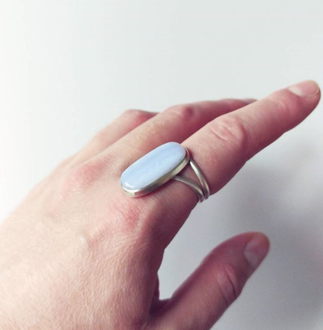 blue lace agate modern silver ring
