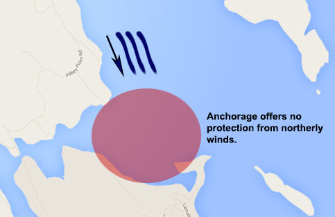 The anchorage above offers protection from most wind directions except from the north.
