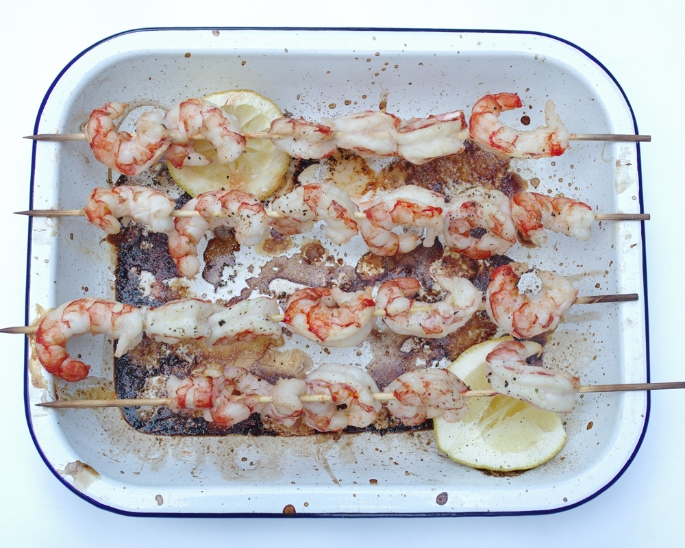 Grilled Roasted Shrimp Kebabs - Enamelware Roaster Pan