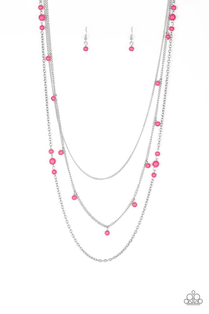 Paparazzi "Laying The Groundwork" Pink Stone Beads Silver Necklace & E