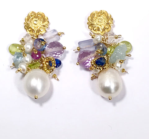 pastel gemstone baroque pearl cluster earrings
