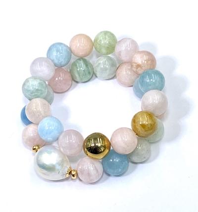 Aquamarine, beryl, pearl stretch stacking bracelets