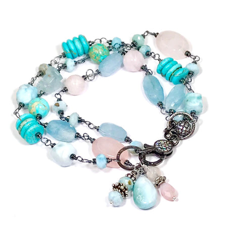 Larimar, aquamarine, rose quartz, oxidized silver triple strand bracelet