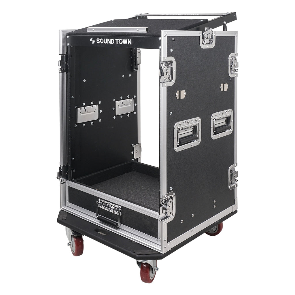 Sound Town MR-DR16UT2-R 16U PA DJ Pro Audio Rack/Road ATA Case w/ 2U Drawer, 11U Slant Mixer Top, Two DJ Work Tables, Casters, Pro Tour Grade, Refurbished - Side View