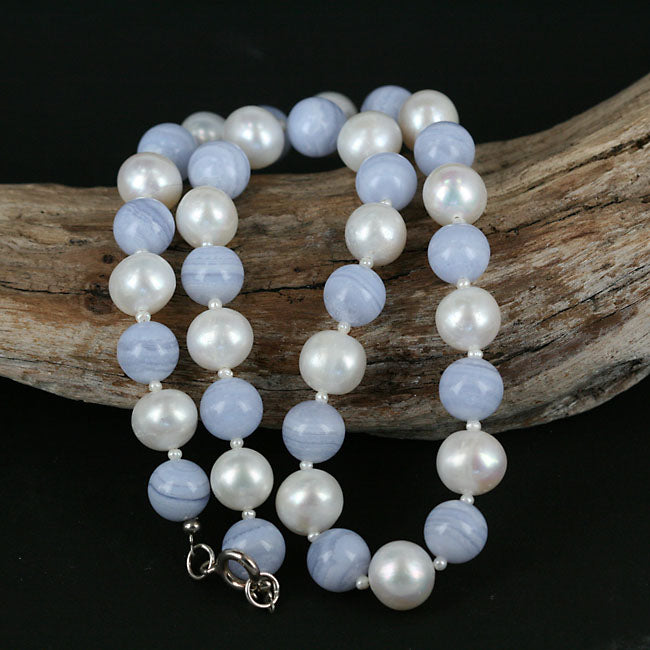 Blue Lace Agate \u0026 Pearl Bead Necklace 