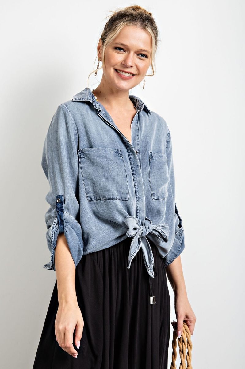 Easel Washed Denim Crop Silhouette Long Sleeve Tie Front Detailing